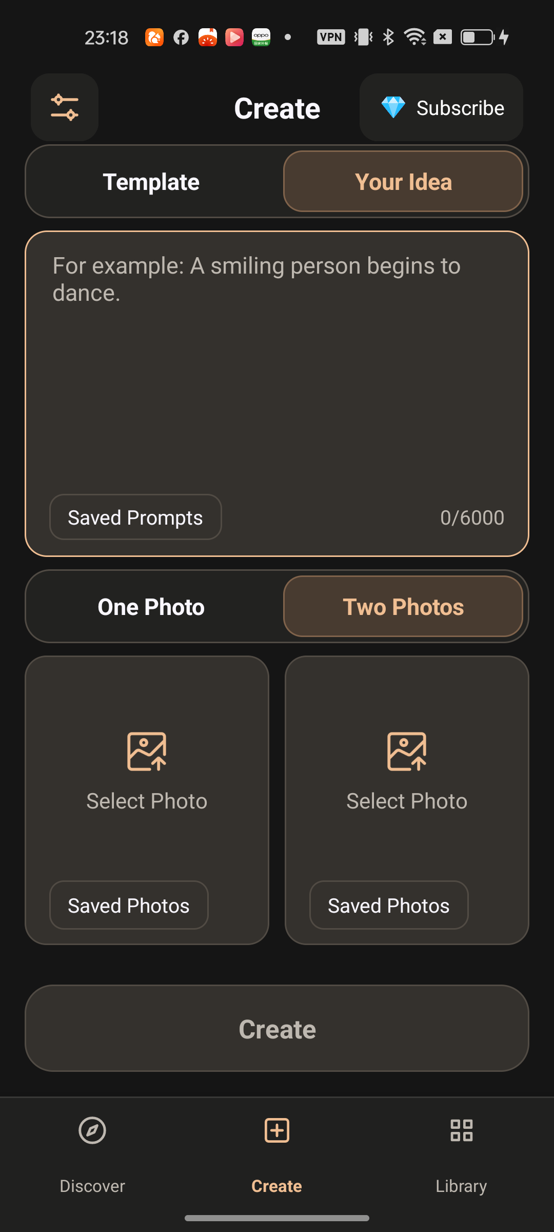 Narsu Create page with prompt entry, one or two photo options, saved prompt and photo controls